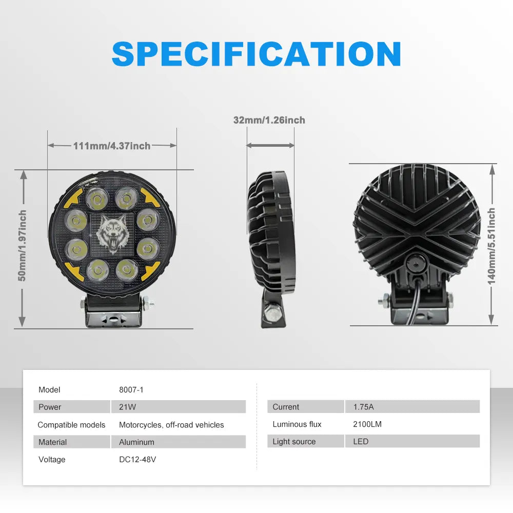 Round Wolf RGB Aluminum LED Work Light 8007‑1