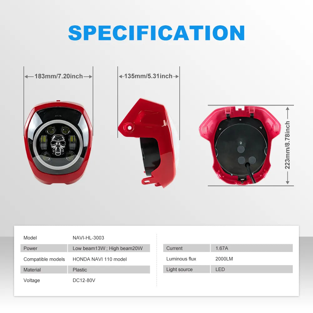 Gloss Red Skull RGB DRL Honda Headlight NAVI‑HL‑3003