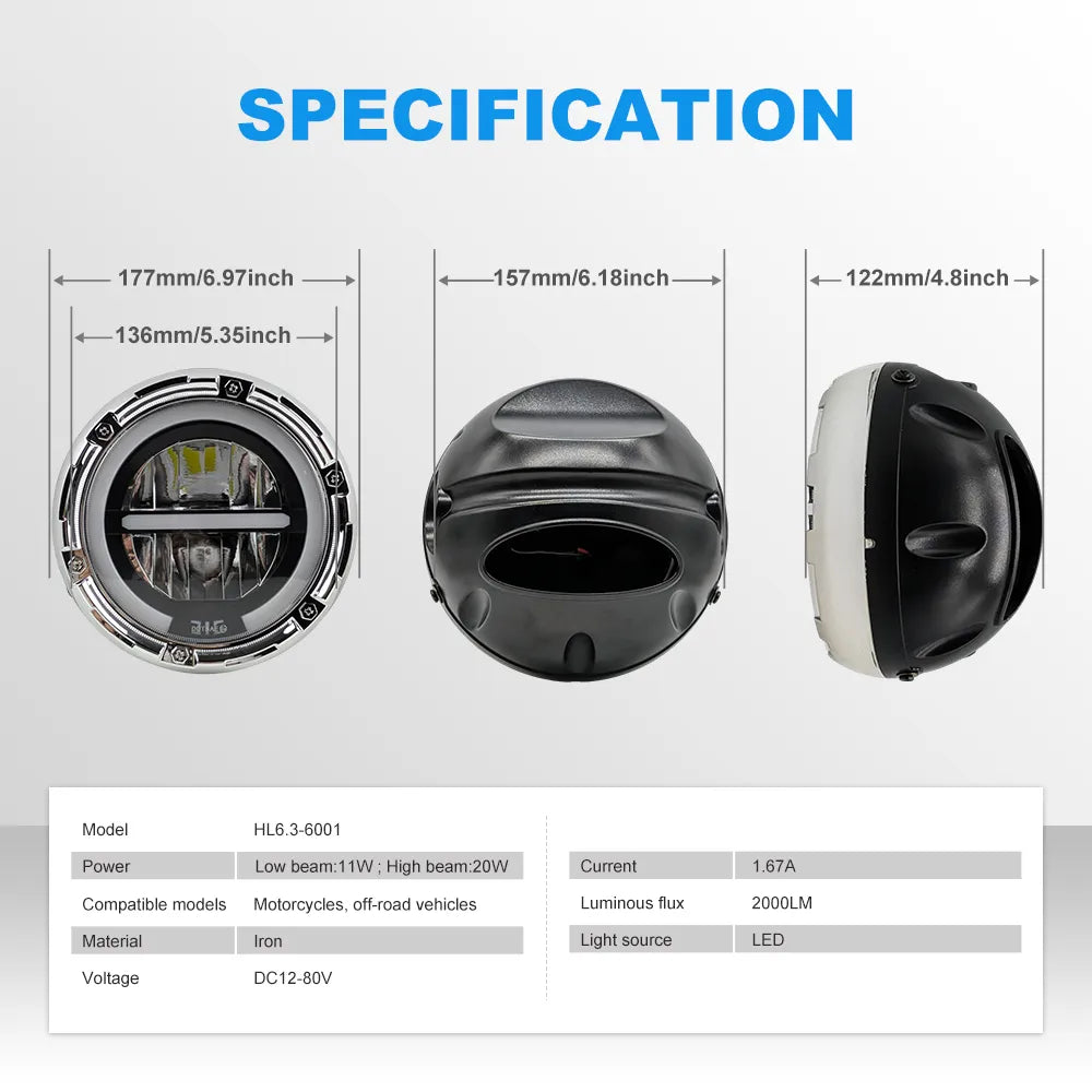 6.3‑Inch Halo DRL LED Motorcycle Headlight HL6.3‑6001